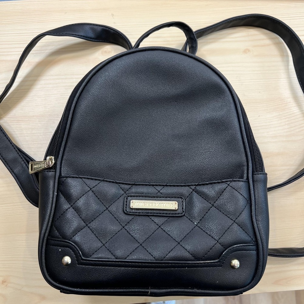 Juicy Couture Backpack Womens Mini Black Quilted Faux Leather Logo Zip Bag